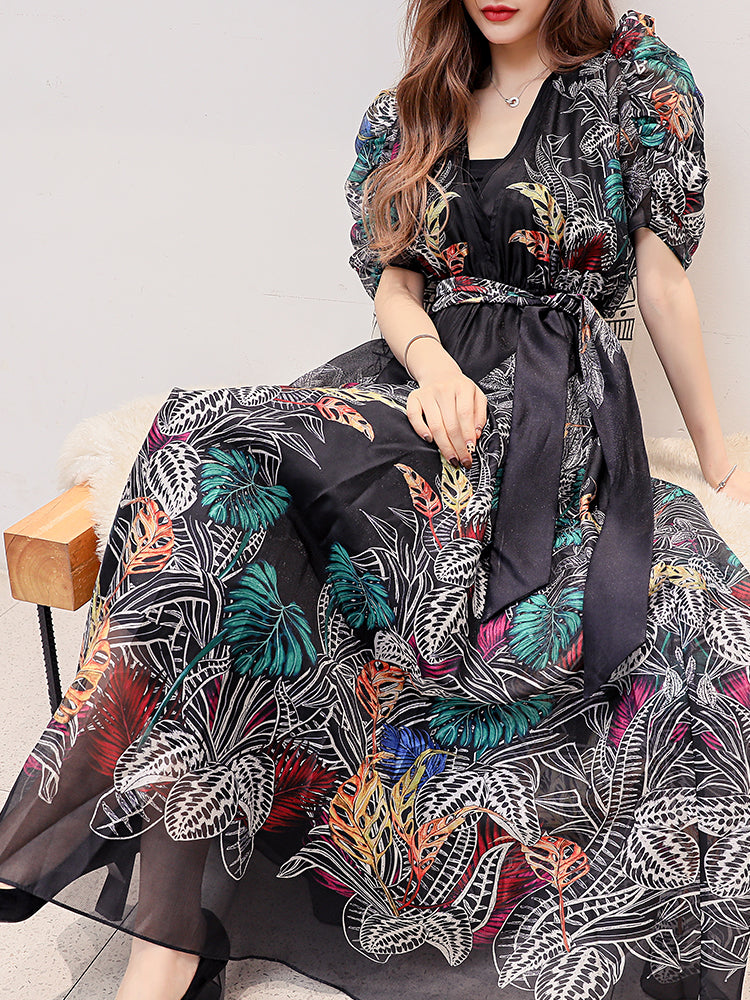 Puff Sleeves V-Neck Floral Dress, Long And Big Swing, Over-The-Knee Seaside Vacation