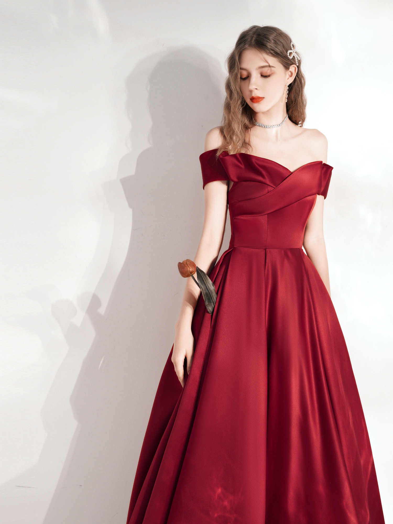 Red Dress Dinner Satin Elegant Evening Dress