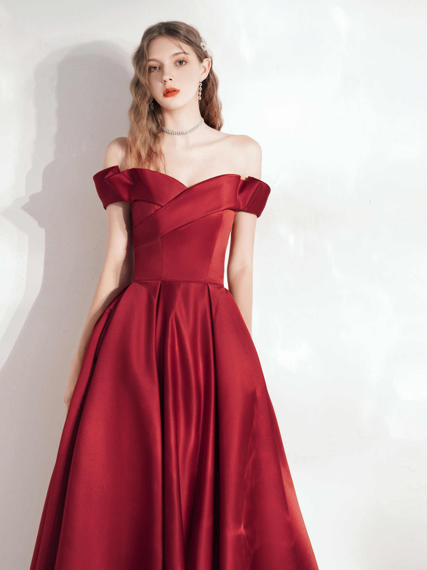 Red Dress Dinner Satin Elegant Evening Dress